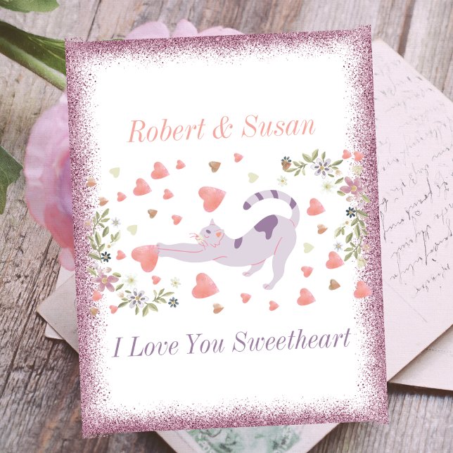 Cute Cat Typography Pink Red Hearts Valentines Day Holiday Postcard (Creator Uploaded)