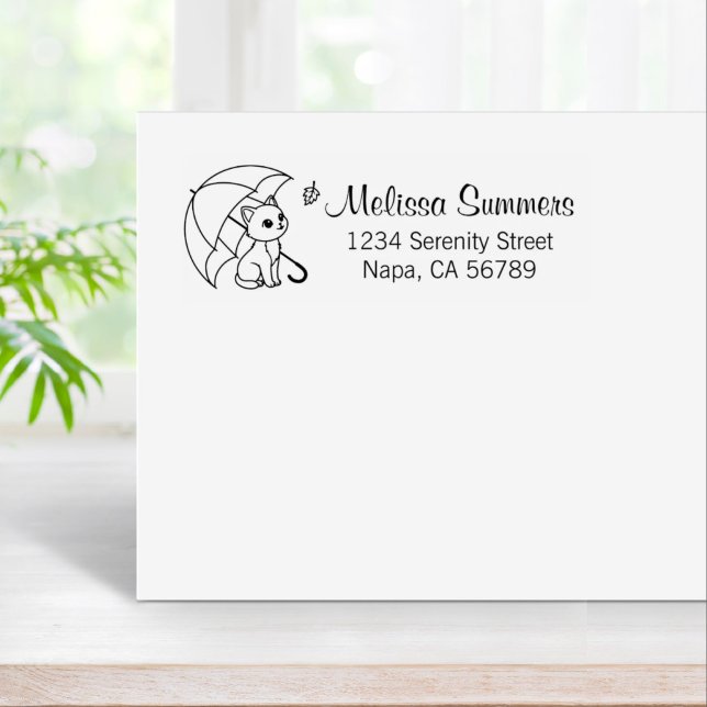 Cute Cat Umbrella Leaf Address Rubber Stamp (Creator Uploaded)