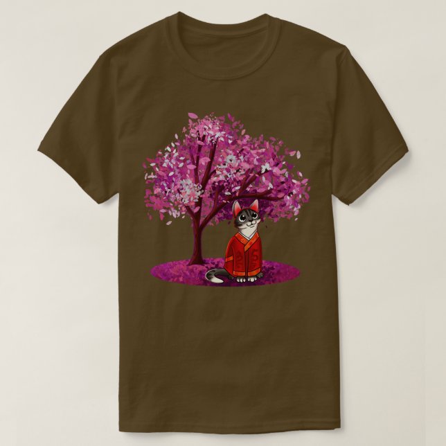 Cute Cat Under Blossom Tree T-Shirt (Design Front)