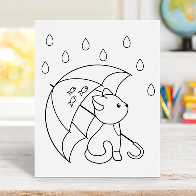 Cute Cat under Umbrella Colouring Page Poster (Creator Uploaded)