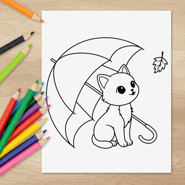 Cute Cat under Umbrella Colouring Page Rubber Stamp (Creator Uploaded)