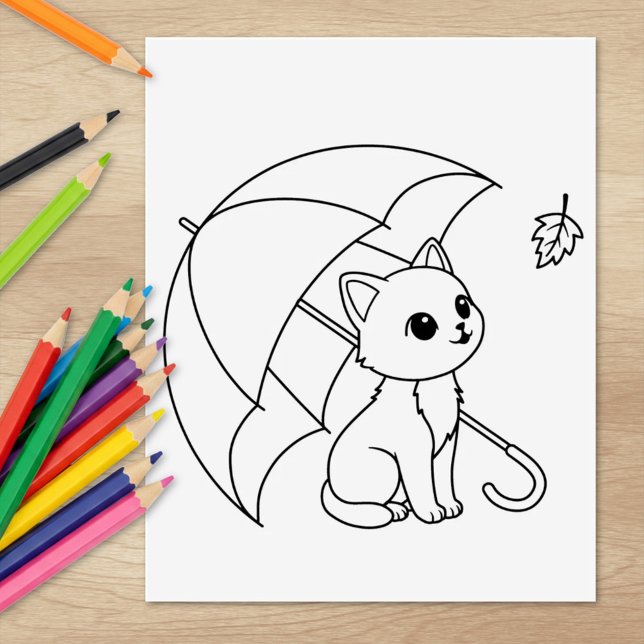 Cute Cat under Umbrella Colouring Page Rubber Stamp (Creator Uploaded)