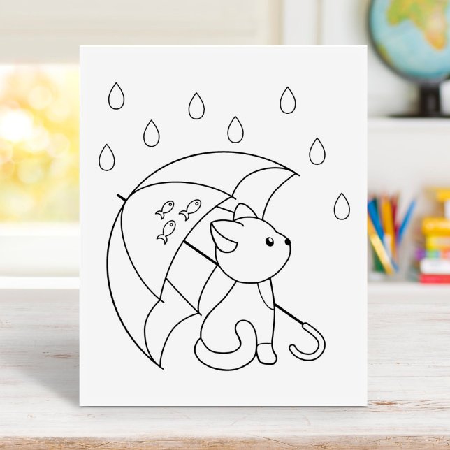 Cute Cat under Umbrella Colouring Page Rubber Stamp (Creator Uploaded)