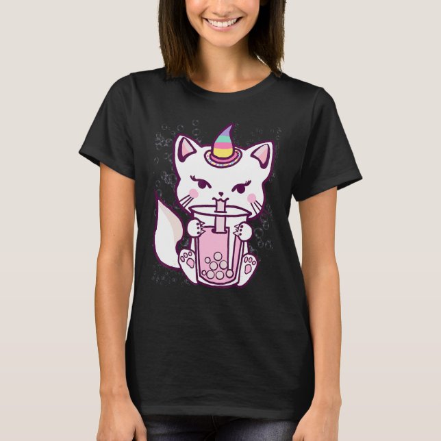 Cute Cat Unicorn Drinking Bubble Tea Design T-Shirt (Front)