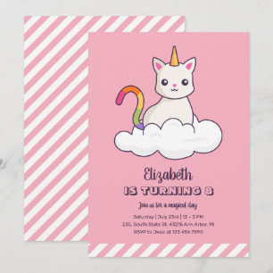 Cute Cat Unicorn on Cloud Girl Birthday Invitation