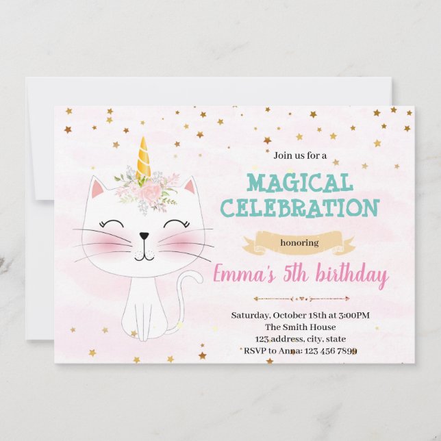 Cute cat unicorn party invitation (Front)