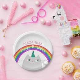Cute Cat Unicorn Rainbow Birthday Paper Plate