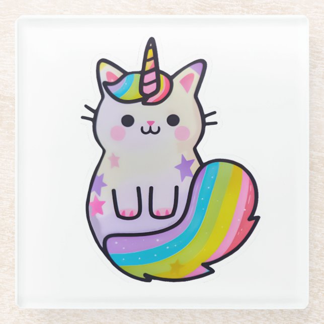 Cute cat unicorn rainbow glass coaster (Front)