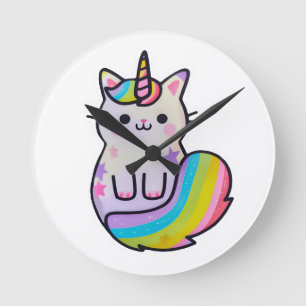 Cute cat unicorn rainbow round clock