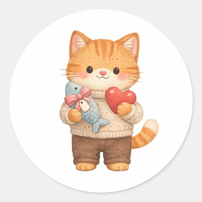 Cute Cat Valentine Kitten Holding Heart Gift Classic Round Sticker (Front)