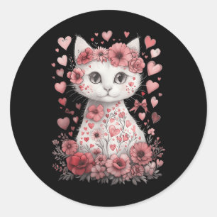 Cute Cat Valentines Day Flowers Heart Cat Lover Ki Classic Round Sticker