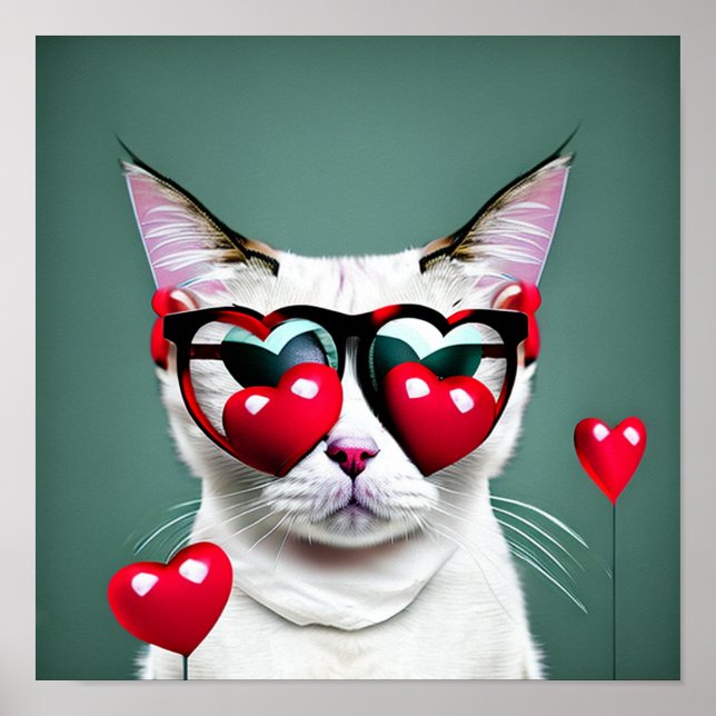 Cute Cat Valentine's Day Hearts Glasses Digital Poster (Front)