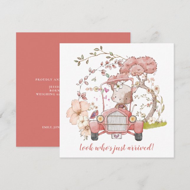 Cute Cat Vintage Car Girl Birth Announcement (Front/Back)