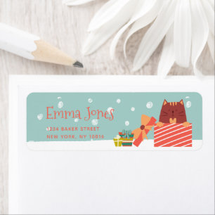 Cute Cat w Christmas Present Aqua Green Christmas 