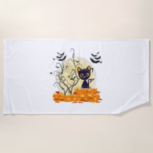 Cute Cat Waiting for Halloween Beach Towel