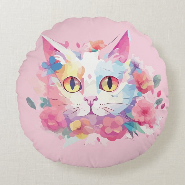Cute Cat Water Colours Illustration  Round Cushion (Front)