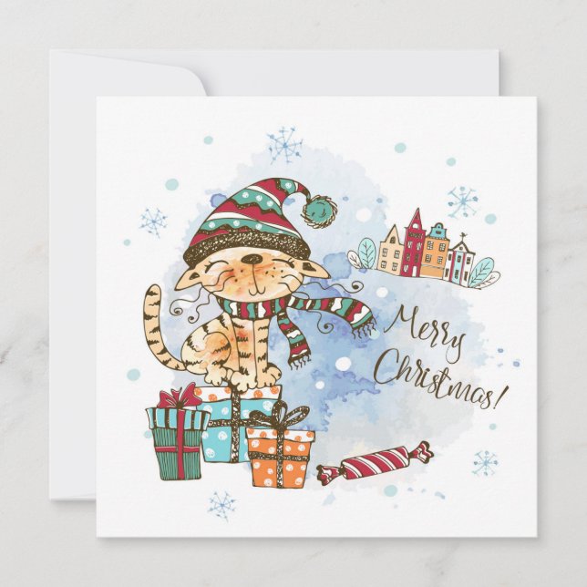 Cute Cat Watercolor Christmas Card (Front)