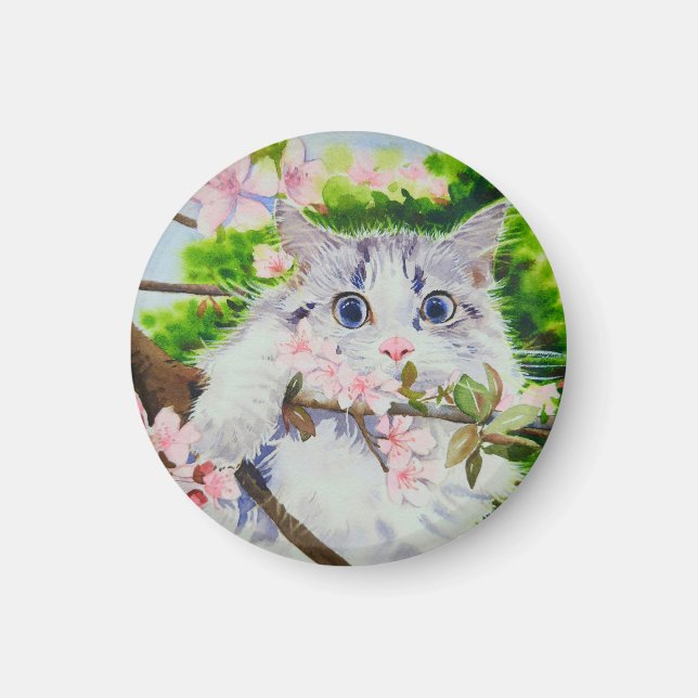 Cute cat watercolor painting magnet (Front)