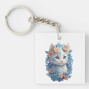 Cute Cat Watercolor Painting with Floral Splash Key Ring