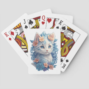 Cute Cat Watercolor Painting with Floral Splash Playing Cards