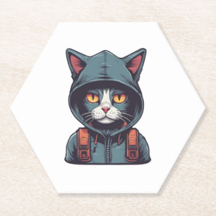 cute cat wearing a green hoody   paper coaster