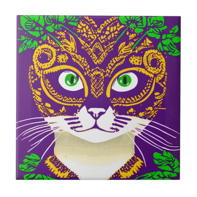 Cute Cat Wearing a Mardi Gras Mask Tile (Front)