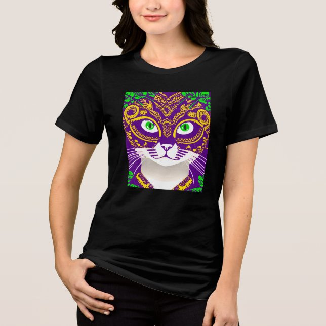 Cute Cat Wearing a Mardi Gras Mask Tri-Blend Shirt (Front)