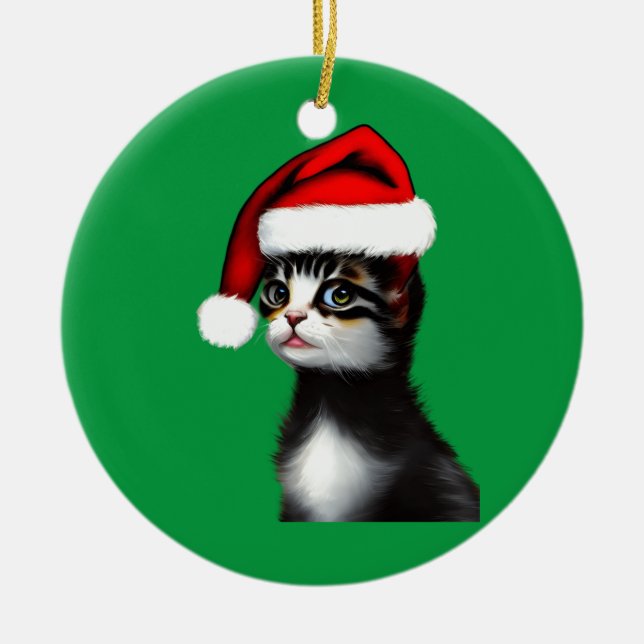Cute Cat Wearing a Santa Claus Hat  Ceramic Tree Decoration (Front)