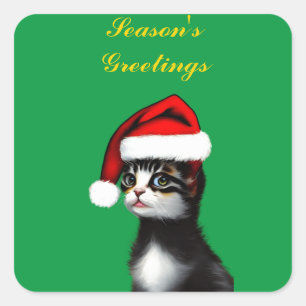 Cute Cat Wearing a Santa Claus Hat Square Sticker