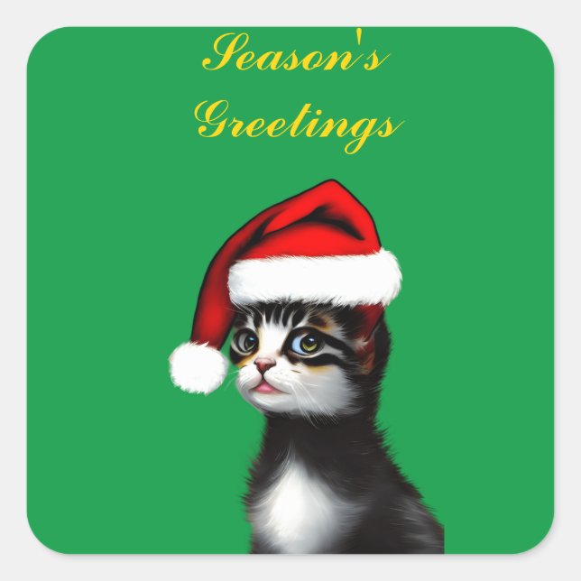 Cute Cat Wearing a Santa Claus Hat  Square Sticker (Front)