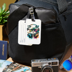 Cute Cat Wearing Glasses and Headset Luggage Tag