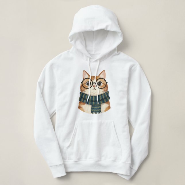 Cute Cat Wearing Glasses and Scarf – Cozy Hipster  Hoodie (Design Front)