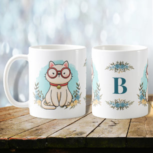 Cute Cat Wearing Glasses Charming Floral Monogram Coffee Mug
