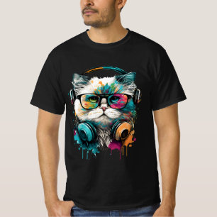 Cute Cat Wearing Glasses & Headset T-Shirt