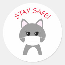 CUTE CAT WEARING MASK STAY SAFE  Round Sticker