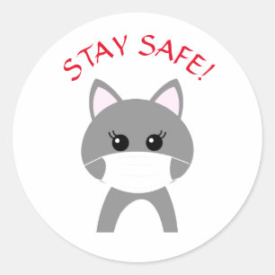 CUTE CAT WEARING MASK STAY SAFE  Round Sticker