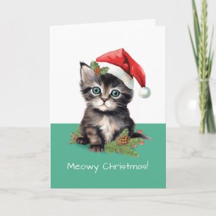 Cute Cat Wearing Santa Hat Meowy Christmas Card