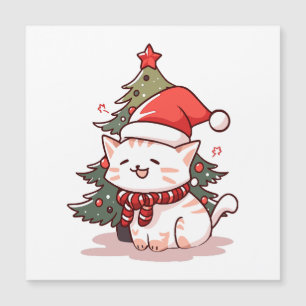 Cute cat wearing Santa hat near Christmas tree