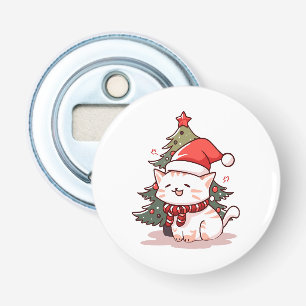 Cute cat wearing Santa hat near Christmas tree Bottle Opener