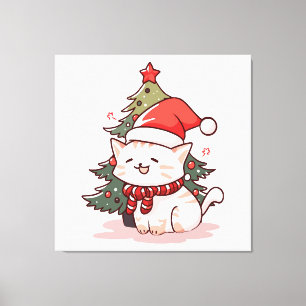Cute cat wearing Santa hat near Christmas tree Canvas Print