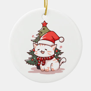 Cute cat wearing Santa hat near Christmas tree Ceramic Tree Decoration
