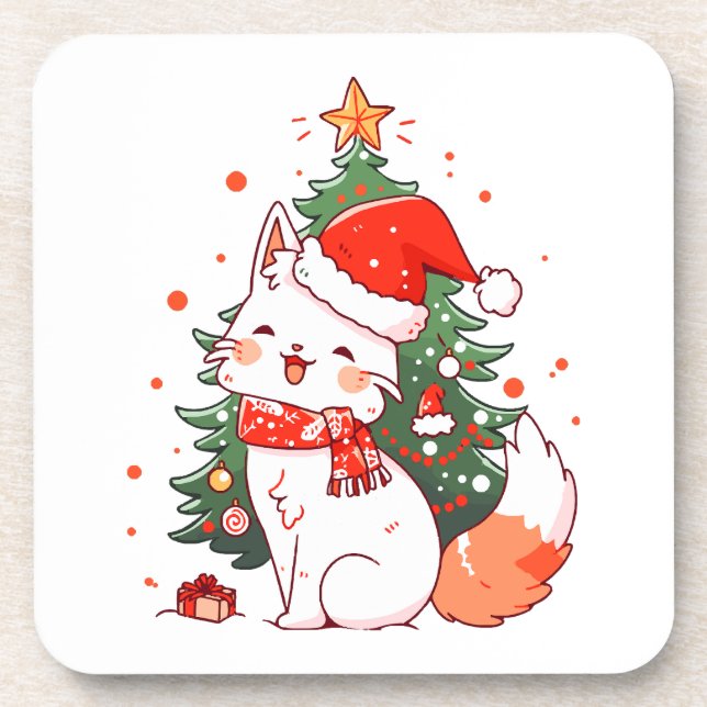 Cute cat wearing Santa hat near Christmas tree Coaster (Front)