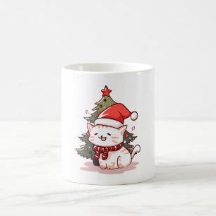 Cute cat wearing Santa hat near Christmas tree Coffee Mug