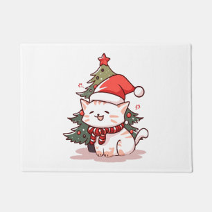 Cute cat wearing Santa hat near Christmas tree Doormat