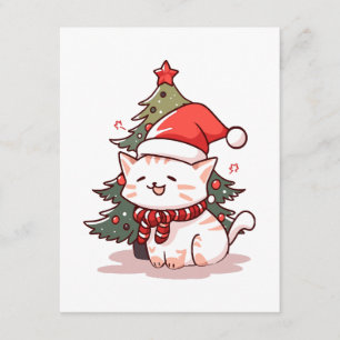 Cute cat wearing Santa hat near Christmas tree Enclosure Card