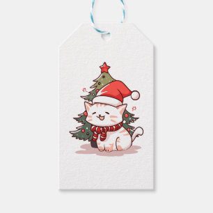 Cute cat wearing Santa hat near Christmas tree Gift Tags