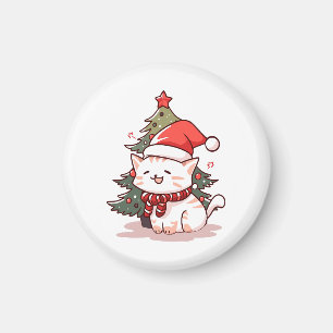 Cute cat wearing Santa hat near Christmas tree Magnet