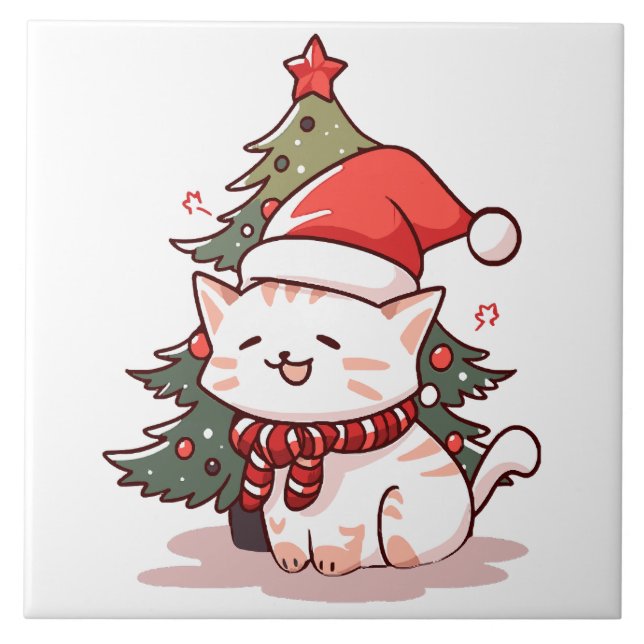 Cute cat wearing Santa hat near Christmas tree Tile (Front)
