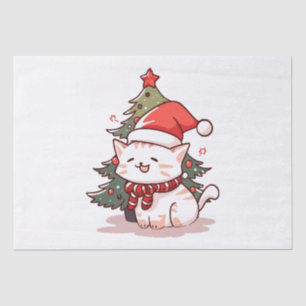 Cute cat wearing Santa hat near Christmas tree Tissue Paper