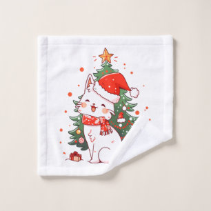 Cute cat wearing Santa hat near Christmas tree Wash Cloth